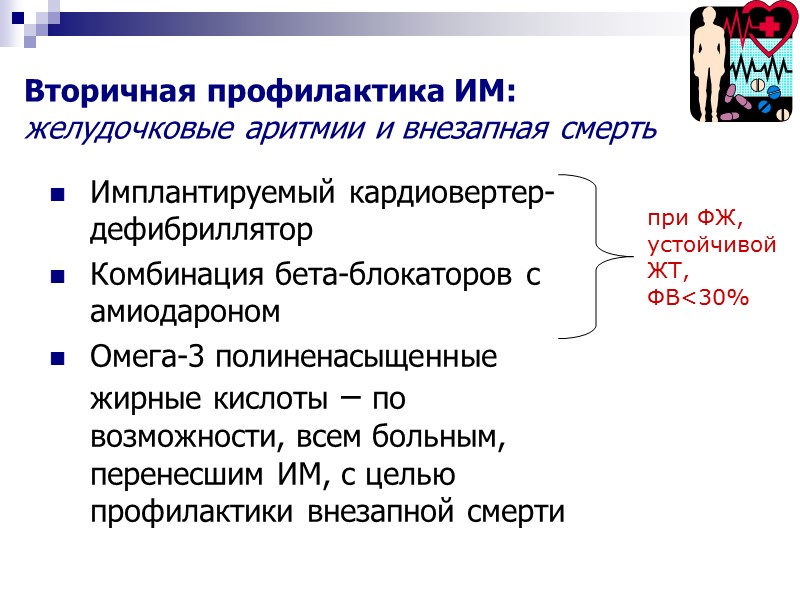 Вторичная профилактика ИМ: желудочковые аритмии и внезапная смерть Имплантируемый кардиовертер-дефибриллятор Комбинация бета-блокаторов с амиодароном